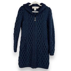Aran Mor Merino Wool Cable Knit Long Hooded Cardigan  Sweater Jacket Blue Teal